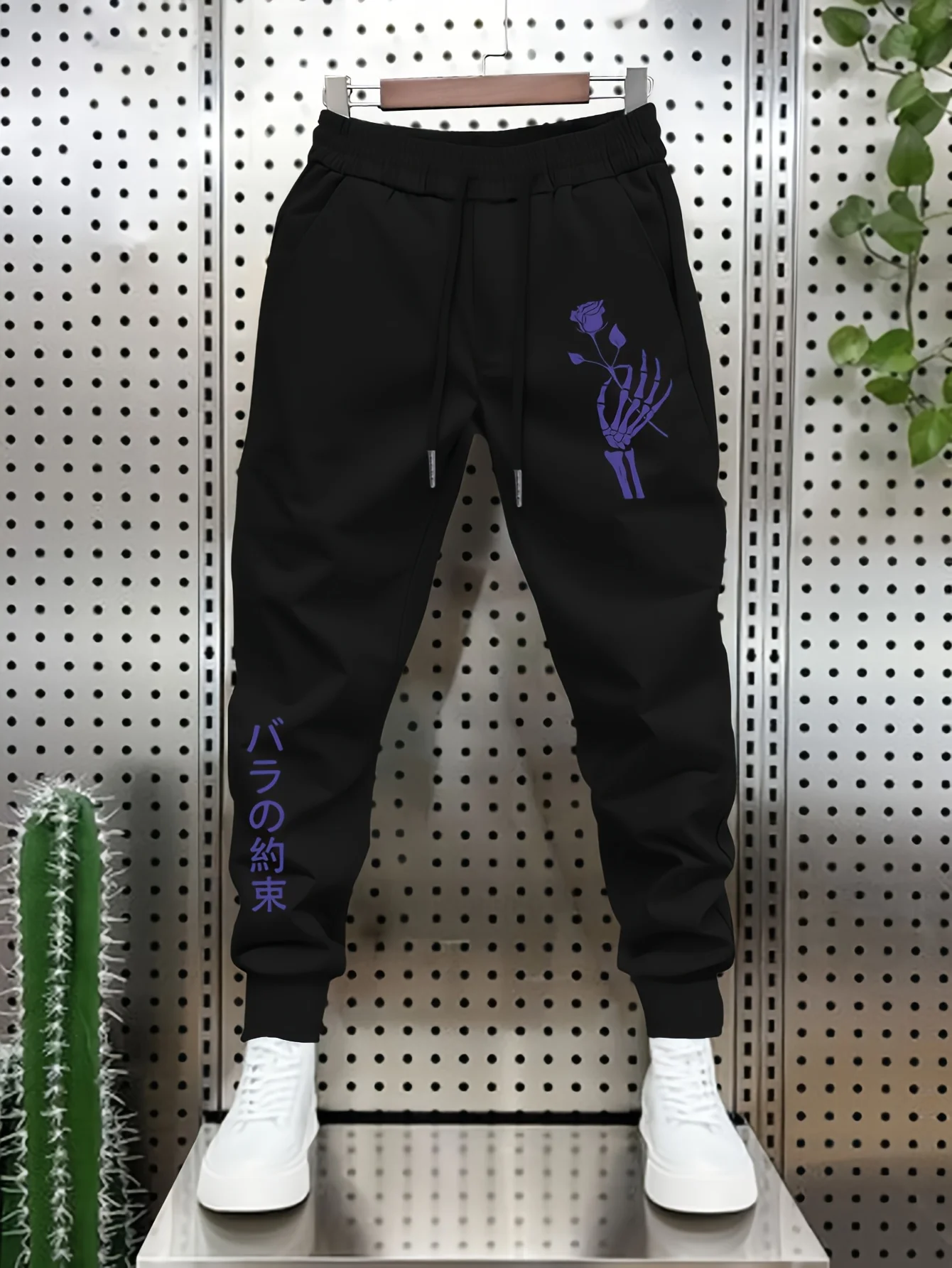 Street‑theme‑hiphop skeleton palm rose japanese font print comfy dual‑leg sweatpants men hip hop sports jogger trousers