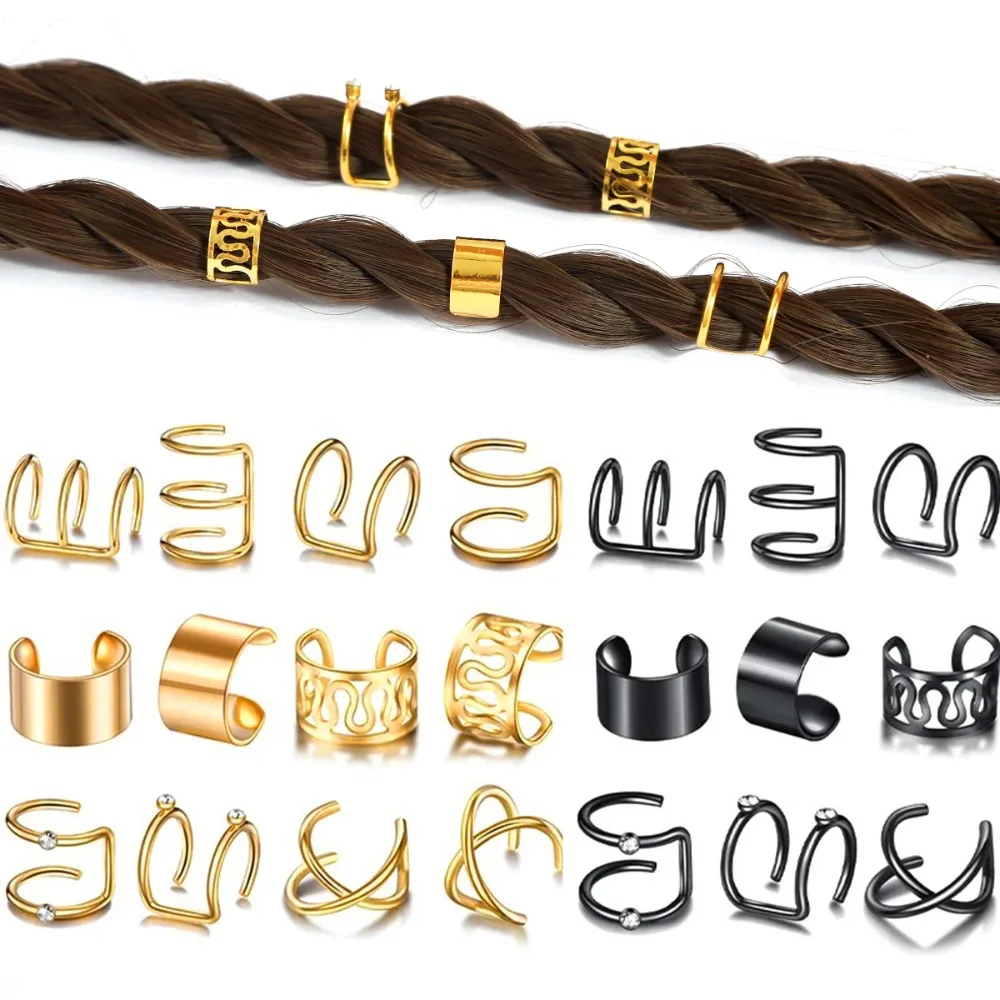 Gold Dreadlock Dread Hair Braid Non-Piercing Ear Clip Beard Jewelry Hair Rings Beads Cuffs Tube Charms  Hair Accessories 1-12pcs
