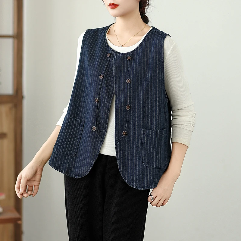 レトロストライプ女性用スウェットトップ春秋ルーズスリム多用途ファイオンダブルボタンラウンドネックコート