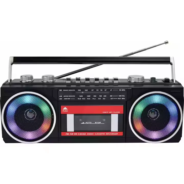 

RGB Light Fashion Cassette Reorder Bluetooth Speaker with Am Fm Sw Radio PX-666BT Wireless Tape Player AC DC Operated Desktop Ta