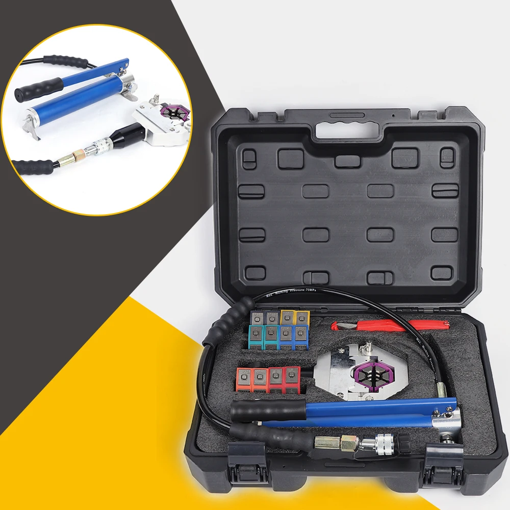 Pince à sertir manuelle hydraulique pour tuyau de climatisation de 34 cm avec 7 matrices, outil de sertissage portatif de 13,39 pouces pour la réparation de tuyaux de climatisation automobile, mallette de transport incluse, kit de sertissage FS-7842B