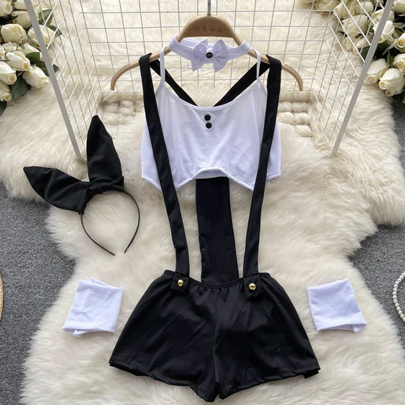 Hollow Sleeveless Halter Neck Women Crop Top With Elastic Split Mini Skirt Set Office Lady Cosplay Uniform Sexy Erotic Lingerie