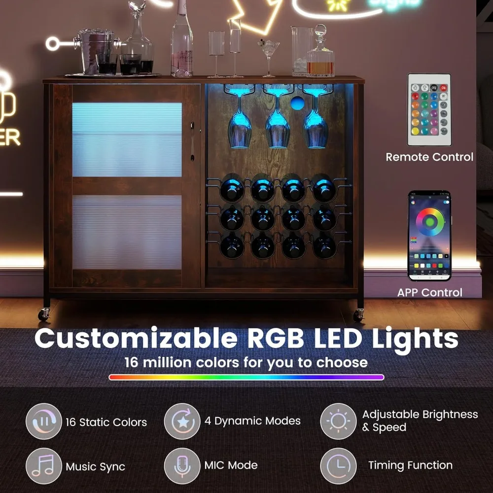 Weinbarschrank auf Rollen, Spirituosenbuffet-Sideboard mit LED-Leuchten, Ablageflächen, Glashalter und Weinregale, industriell