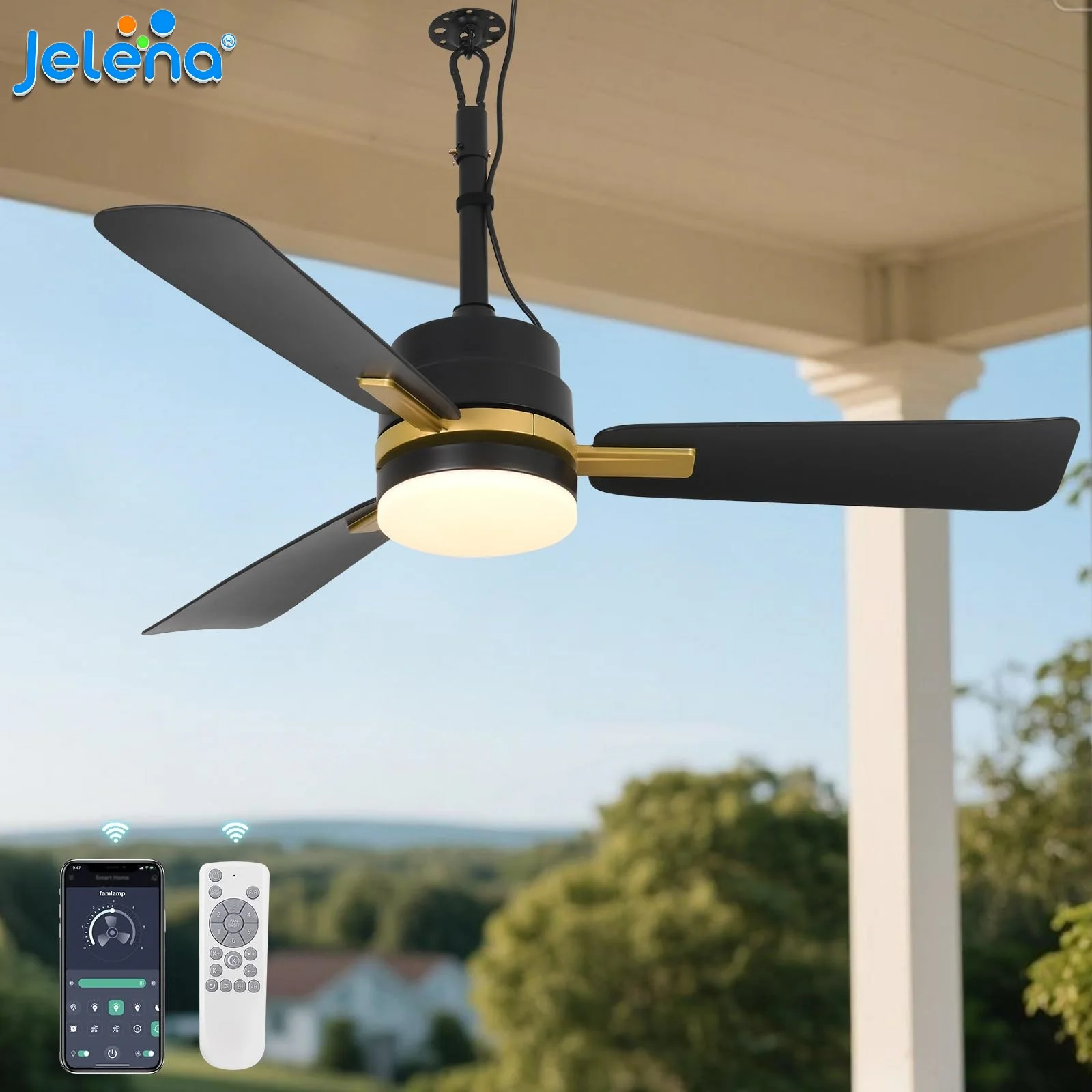 Ventilatore da soffitto Jelena per esterni, ideale per camera da letto, soggiorno, patio, veranda, pergola. Moderno ventilatore a LED con luce, teleco