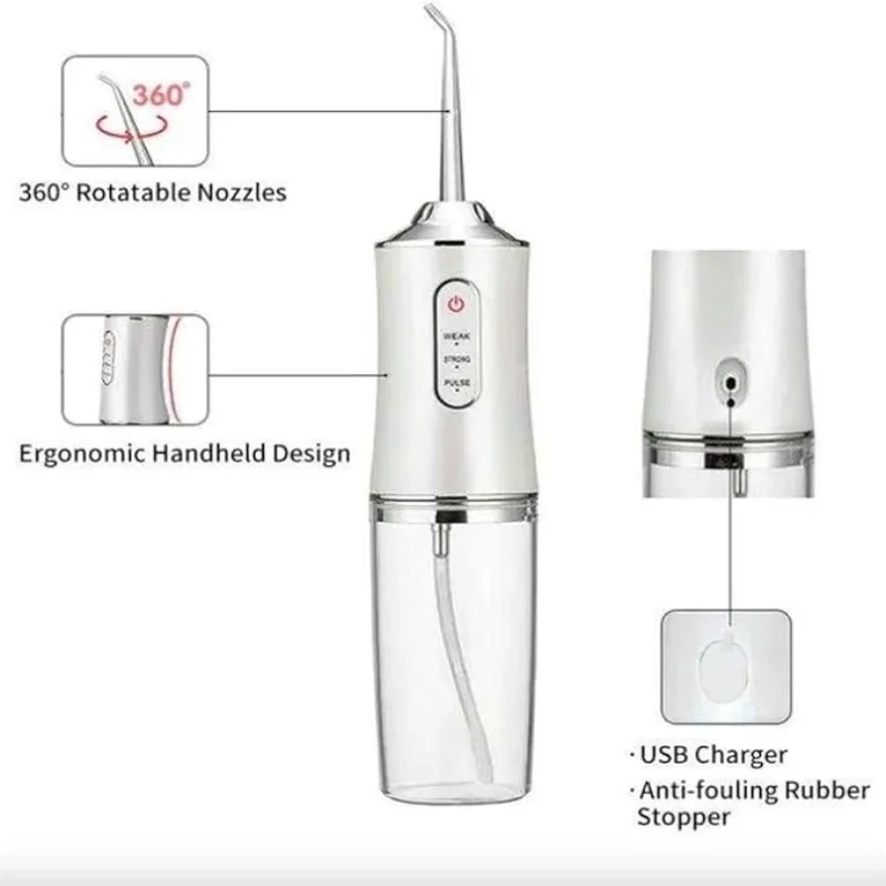 Irrigador bucal portátil, hilo Dental de agua, recargable por USB, chorro de agua Dental, 4 puntas de chorro, 3 modos, limpiador de dientes