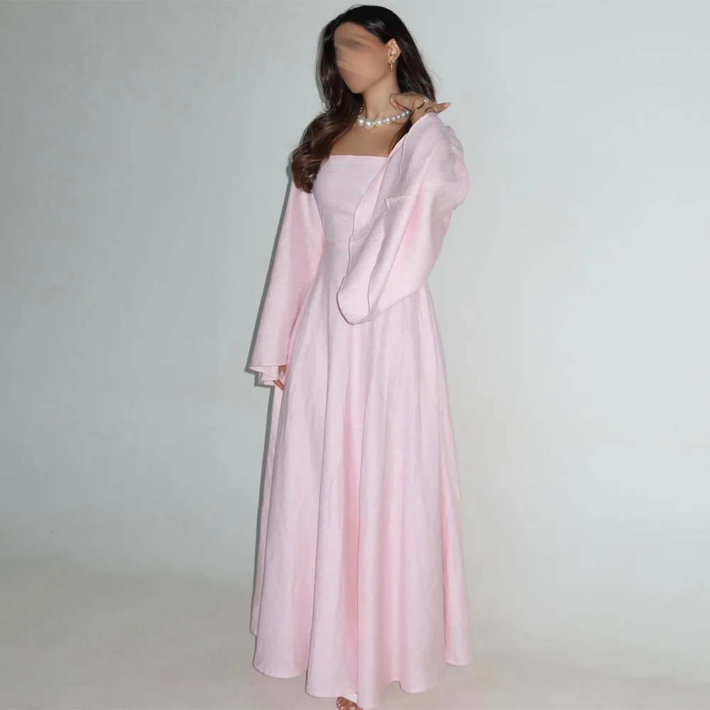 

Classic Pink Organza Evening Dress Customized Long Sleeves Square Collar Celebrity Gowns Simple A-Line Ankle Length Prom Dresses