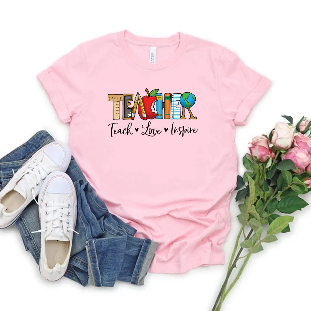 

Inspirational Teacher Women T-Shirt Teach Love Inspire Shirt Back To School Tee Unisex Short Sleeve Tshirt Casual Streetwear Top