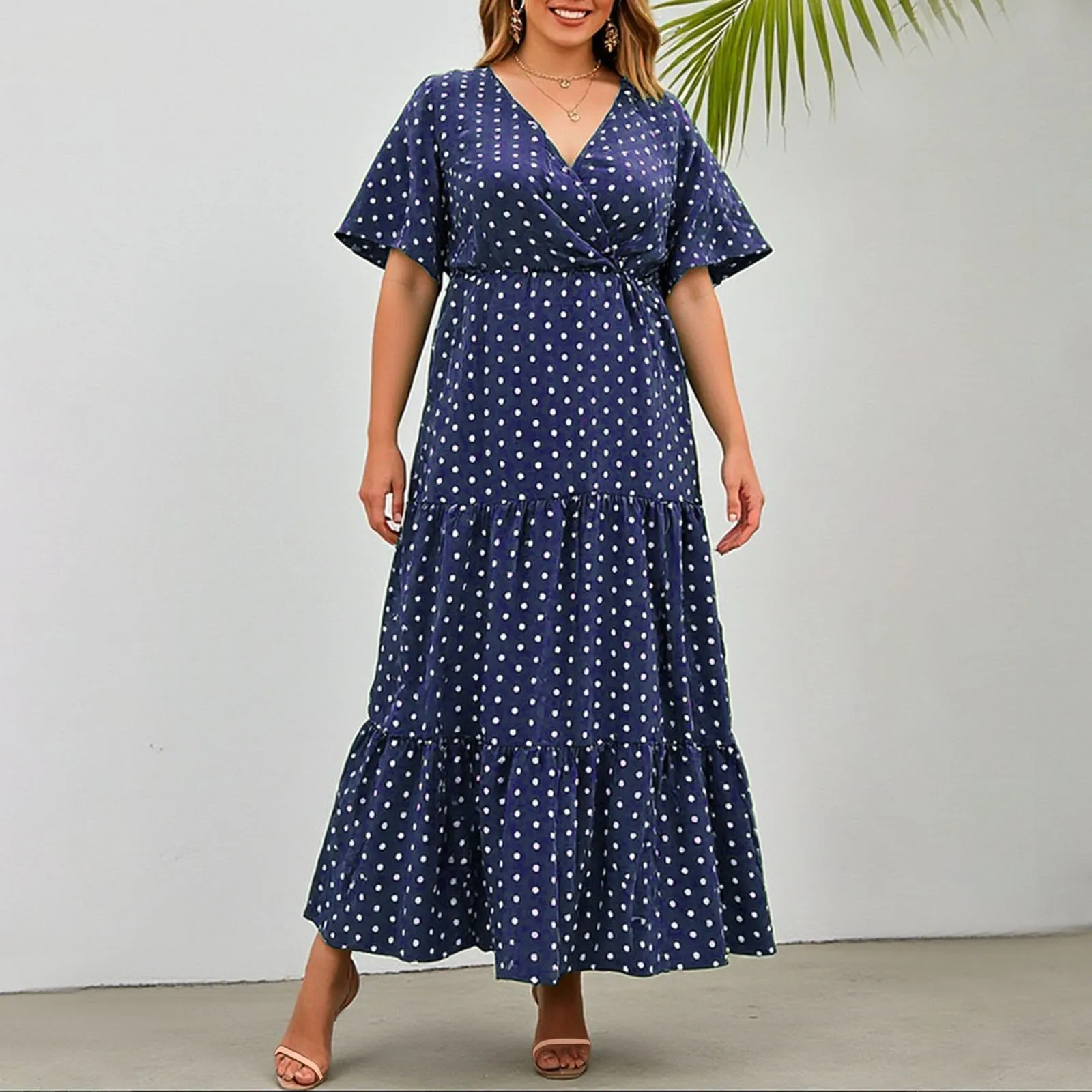 Vintage Chic Women Polka Dot Short Sleeve Beach Bohemian Maxi Dress Ladies Rayon Cotton Summer High Low V-Neck Boho Dresses Robe