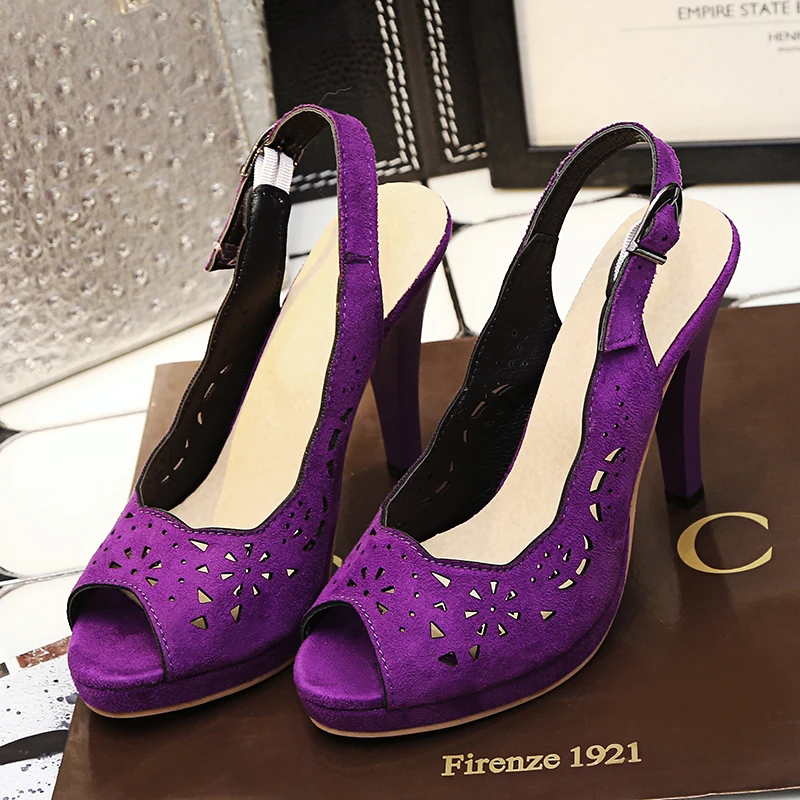 Laser Cut Hallow Peep Toe Ladies Dres Pumps Purple Gray Buckle Strap Slingbacks Shoes Summer Platform Spike Heels Women Sandals