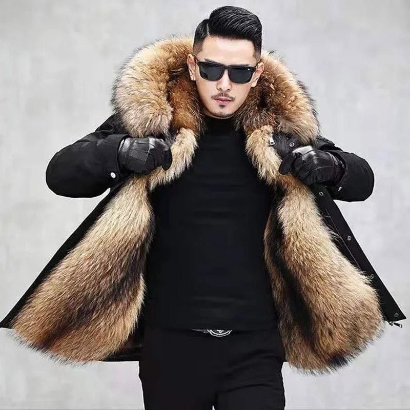 Coat Mens Thickened Imitation Fur Coat Fur Integrated Black Medium and Long Top Fashionable Removable Fur Collar Liner