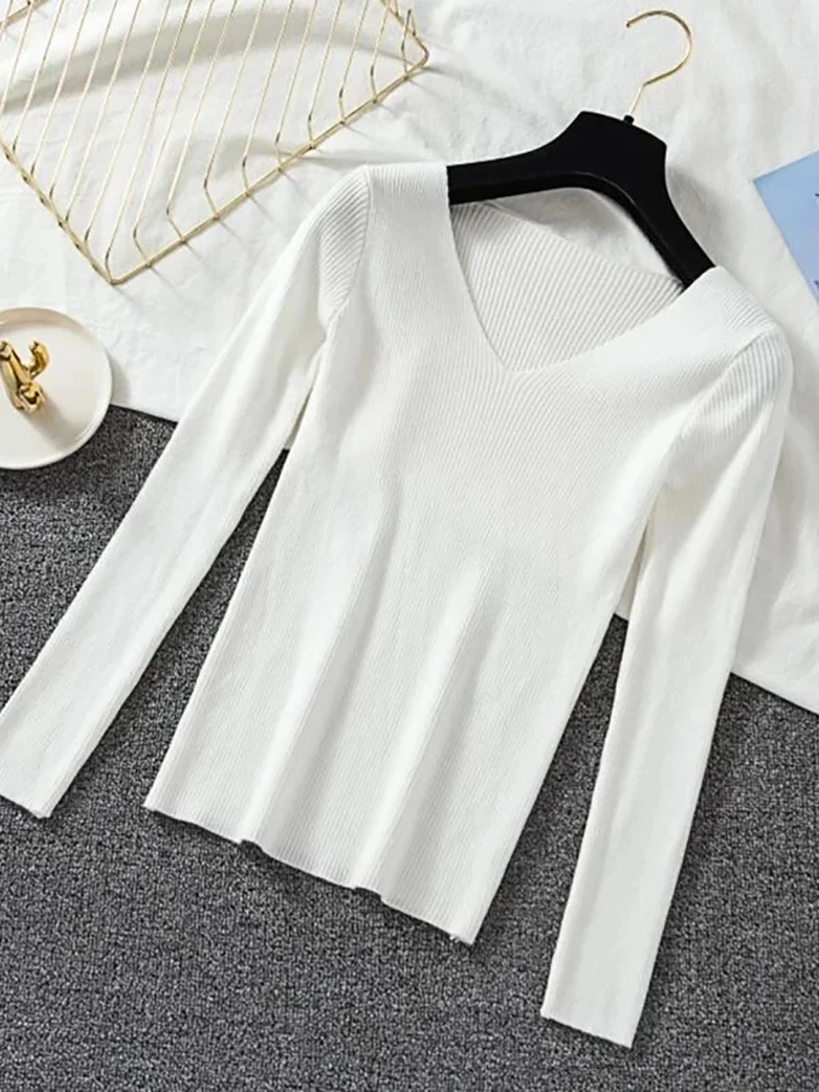 2024 New Women Sweater Autumn Winter Long Sleeve Pullover Basic Top Fashion V-neck Elastic Female Winter Solid Knitted Jumper