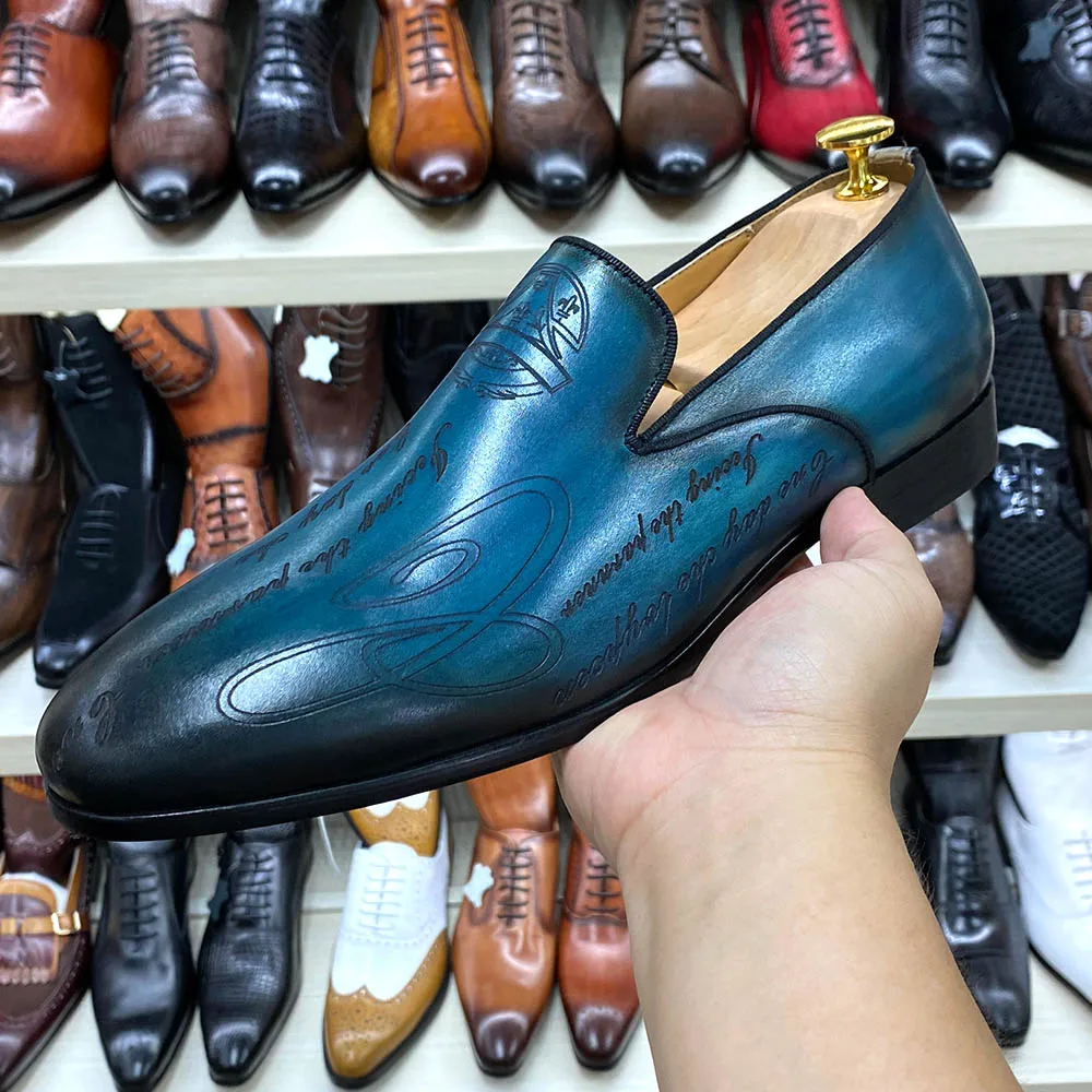 Men's Leather Dress Shoes Real Cowhide - Hand-painted Embossed Pattern, Slip-on for Office Work Wedding Casual Occasions