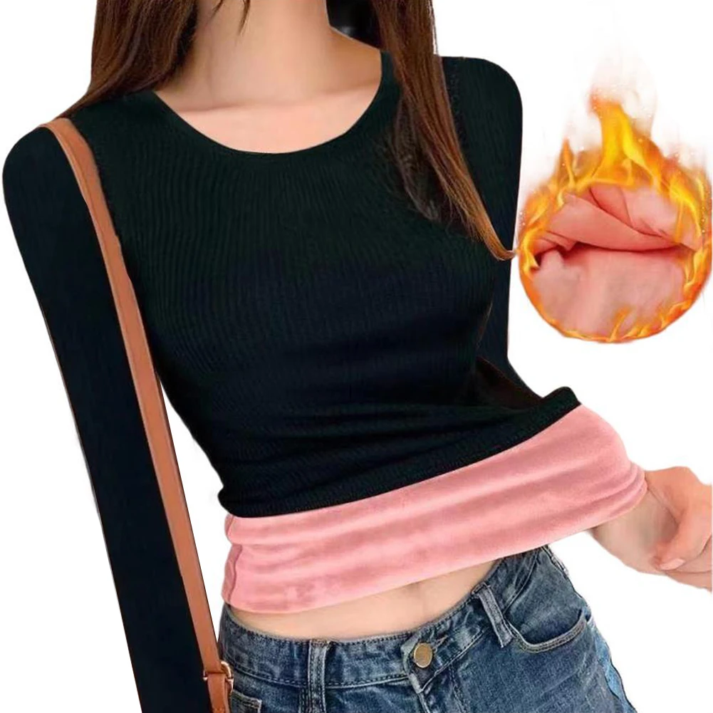Women Plus Velvet Thermal Underwear Tops Slim Long Sleeve Warm Base Layer Shirt For Winter Casual Daily Wear Female T Shirts