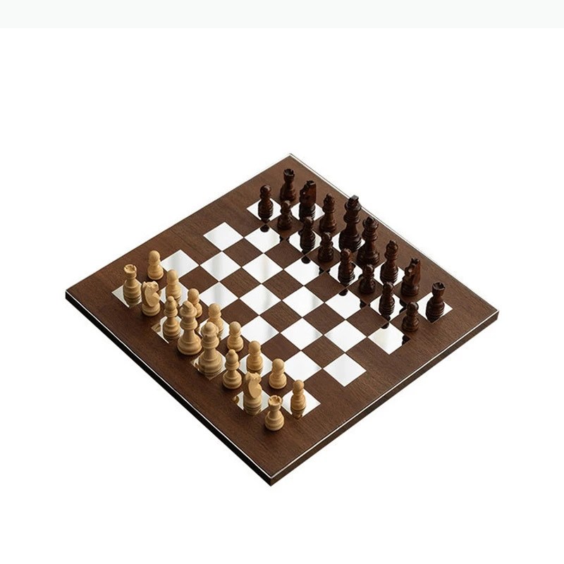 Natural Wood Chess Games Crafts Minimalism Metal Chessboard Chess Pieces Artwork Ornaments Modern Casual Chess Games