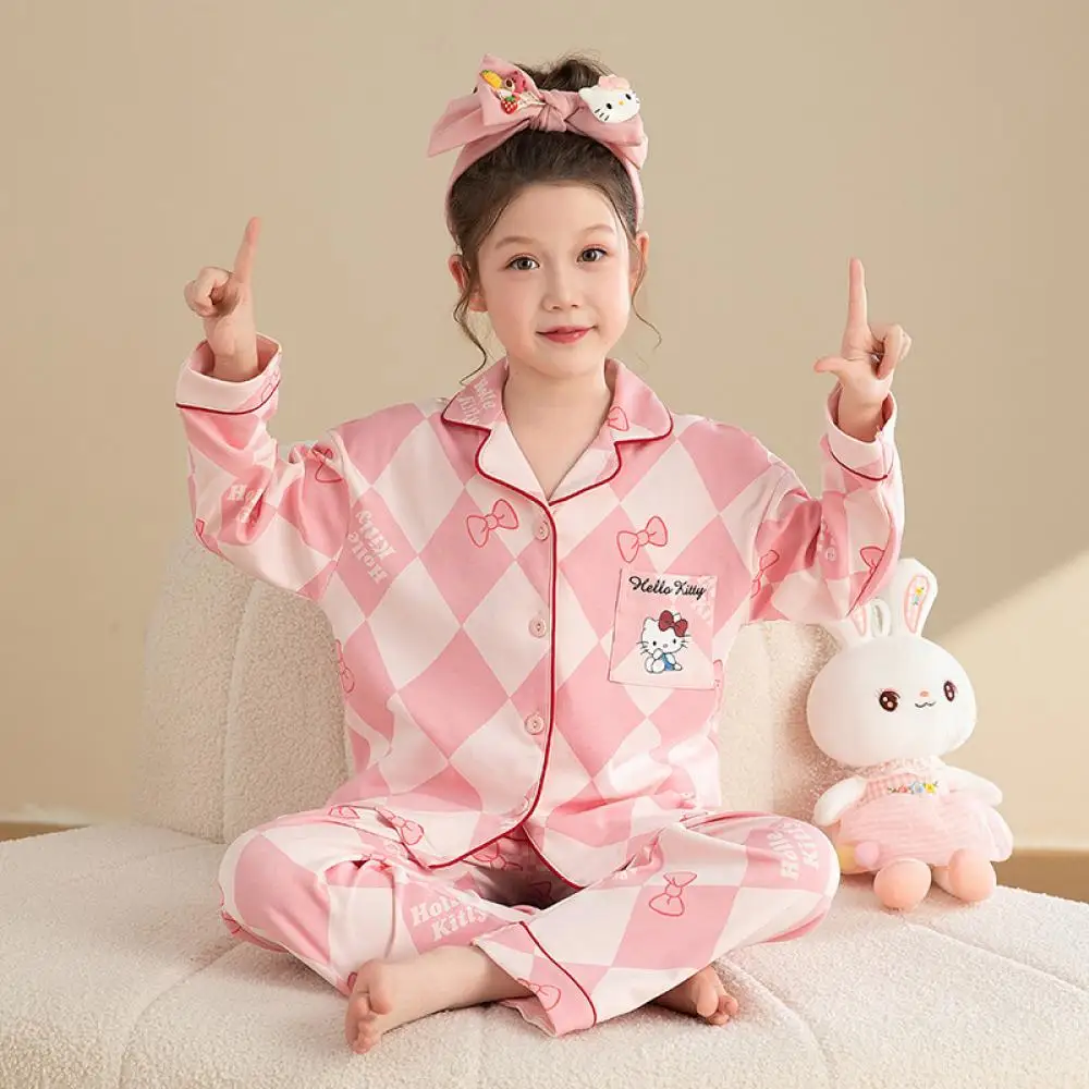 

Sanrio детская одежда для сна с героями мультфильмов для девочек, кардиганы, весенне-осенний комплект, милый комфортный комплект с лацканами и принтом, модная детская домашняя одежда, новый подарок