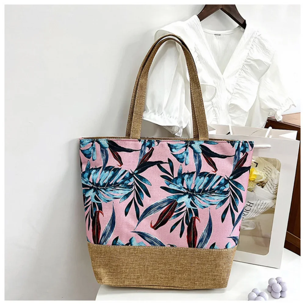 1PCS Fashion Canvas Bag Summer Beach Ladies Printed Shoulder Bag Simple Large Capacity Women Tote Shopping Bag