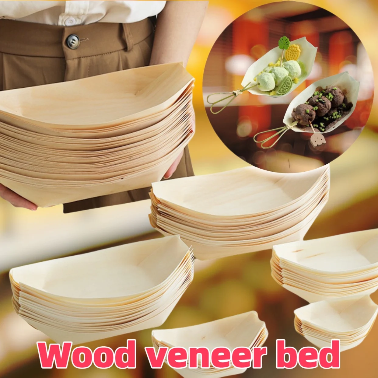 Disposable Wooden Veneer Boat Sushi Tray Snack Plate Sashimi Wooden Boat Dish Disposable Fruit Stick Creative Wooden Tableware