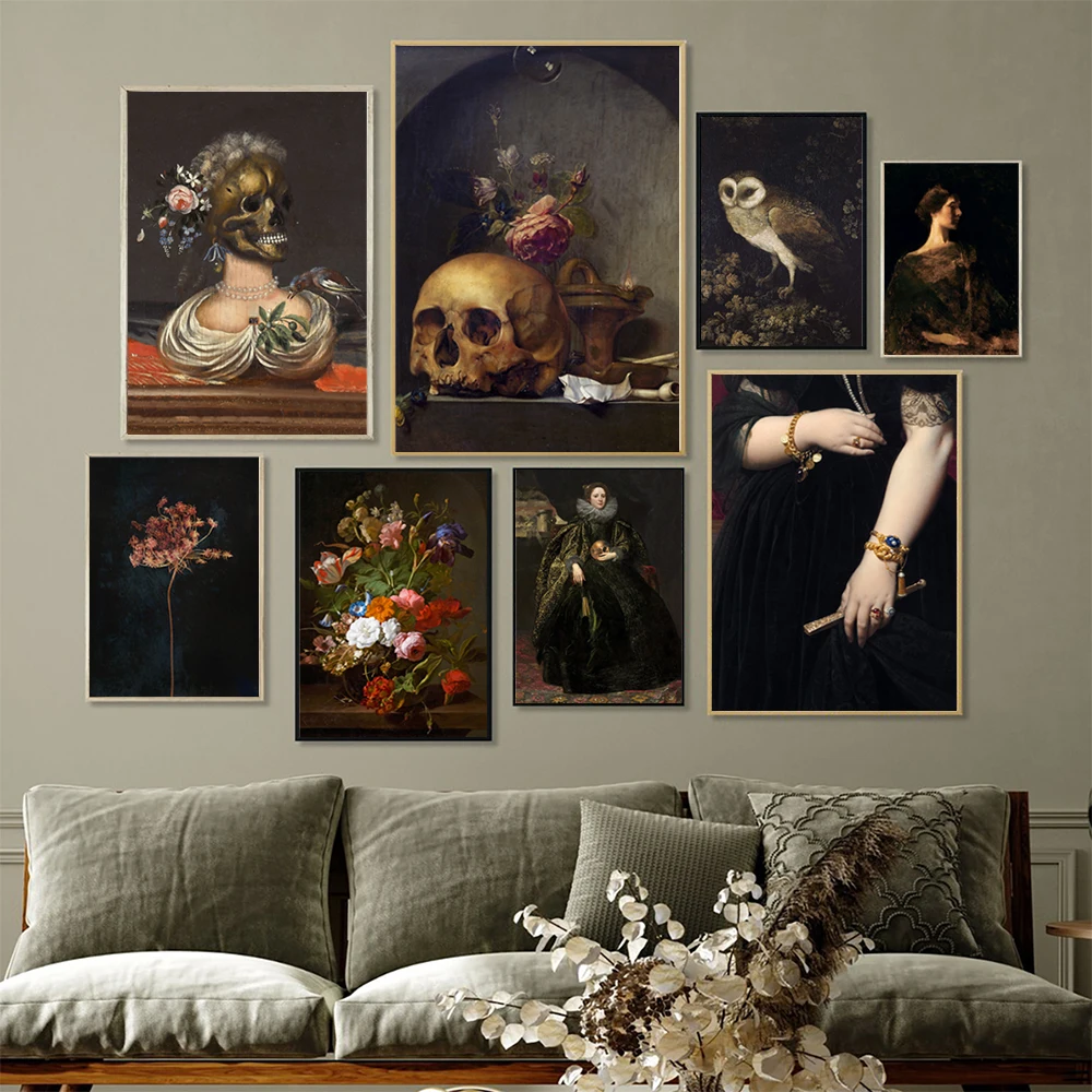 Night Owl Art Prints Dark Black Moody Posters Vintage Gothic Skull Canvas Painting Dark Academia Wall Pictures Living Room Decor