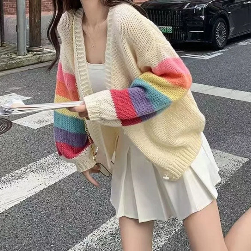 Soft Waxy Lazy Wind Knitted Cardigan Women's Autumn and Winter New Short Rainbow Sweater