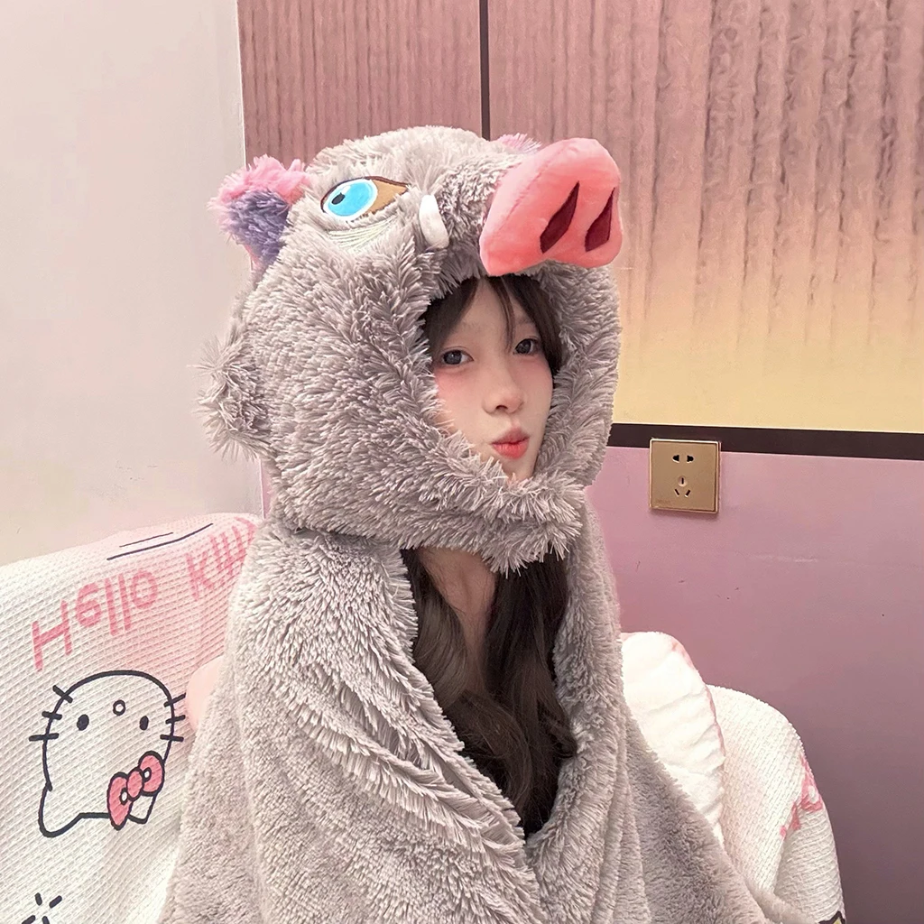 Dämon Slayer Hashibira Inosuke Cosplay Wild BoarHooded Decke Weiche Herbst und Winter Mantel Mit Hut Werfen Decke Weihnachten Geschenke