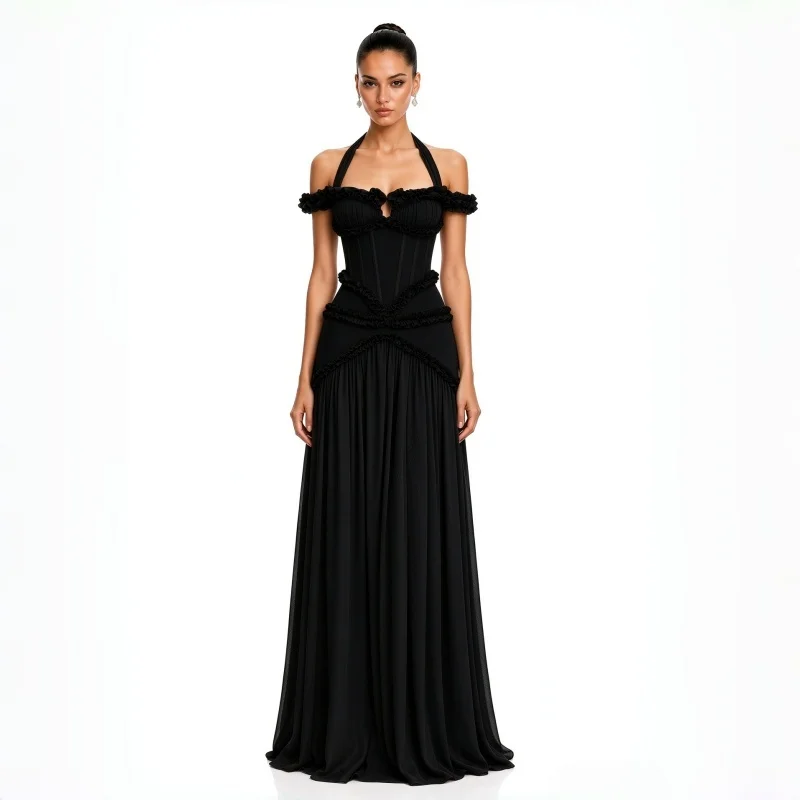 New Cross-Border Halter Cold Shoulder Ruffle Maxi Evening Dress Structured Boned Corset Women Elegant Floor Length Formal Gown