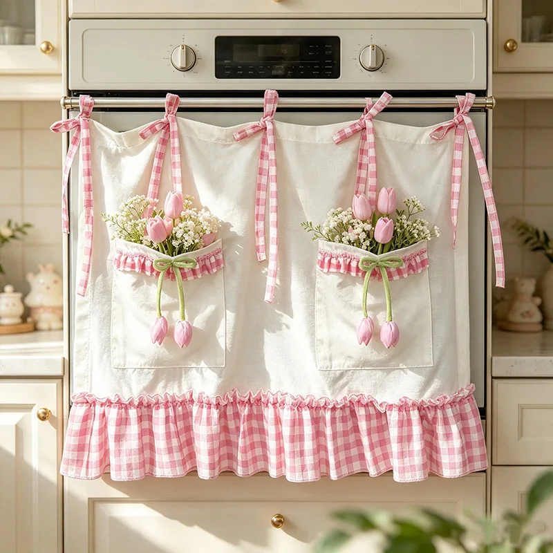 French Romantic Pink Tulip Decor Pocket with Storage Design Small Curtain Pink Plaid Tie Top Ruffled Curtain For Kitchen Cabinet