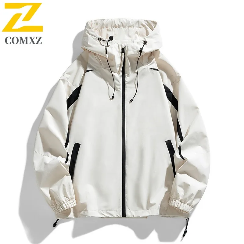 

COMXZ 2024 Jacket Men Spring Autumn Hooded Loose Workwear Mountain Outdoor Waterproof Color Block Casual Unisex Couple Coat