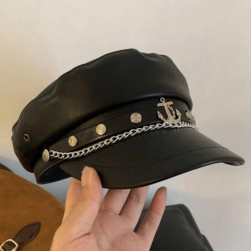 Retro British Style Berets Female Korean Pu Leather Casual Cap Boat Anchor Chain Link Rivet Decoration Japanese Octagonal Caps view 5