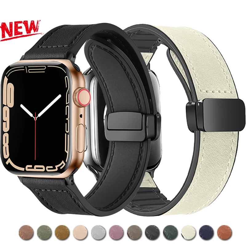 

Ремешок кожаный для Apple Watch Ultra 2, браслет с магнитной застежкой для iWatch 9 8 7 6 5 4 Se, 49 мм 45 мм 44 мм 42 мм 41 мм 40 мм 38 мм
