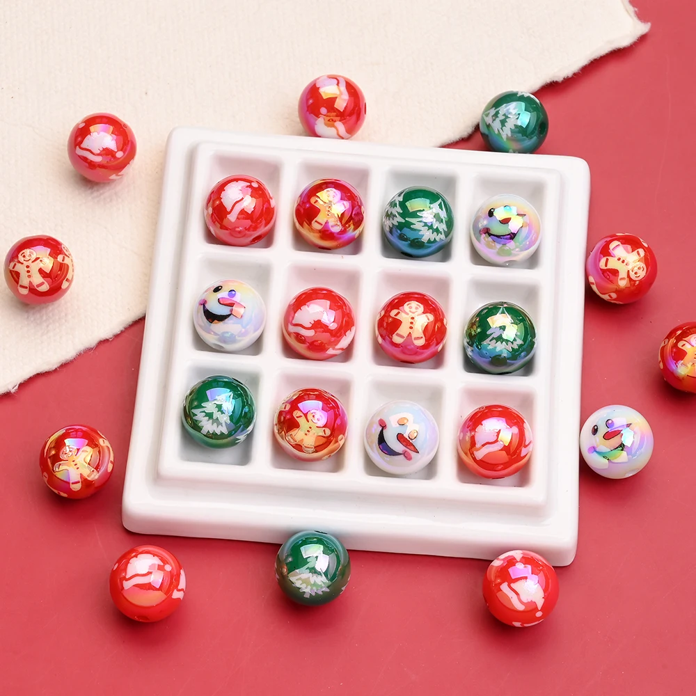 10 Stück 16 mm Weihnachts-Acryl-Schneemann-Perlen, rund, AB, weiß, lose Distanzperlen für Schmuckherstellung, DIY, handgefertigter Perlenstift – Detail 5