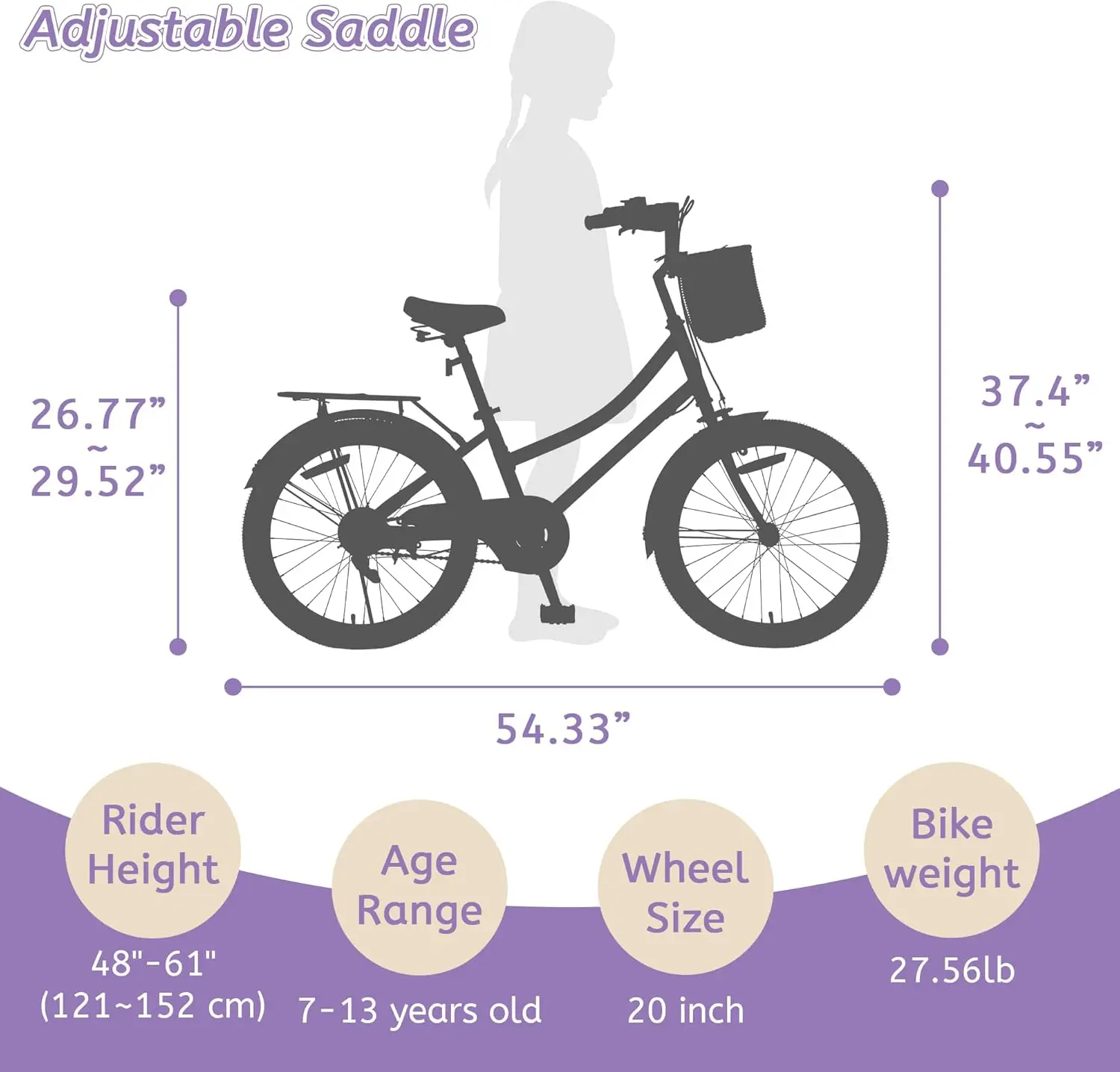 Bicicleta para niñas con cesta, bicicleta para niños y niñas de 7 a 13 años, bicicletas para niños de 20 pulgadas con soporte, Co múltiple