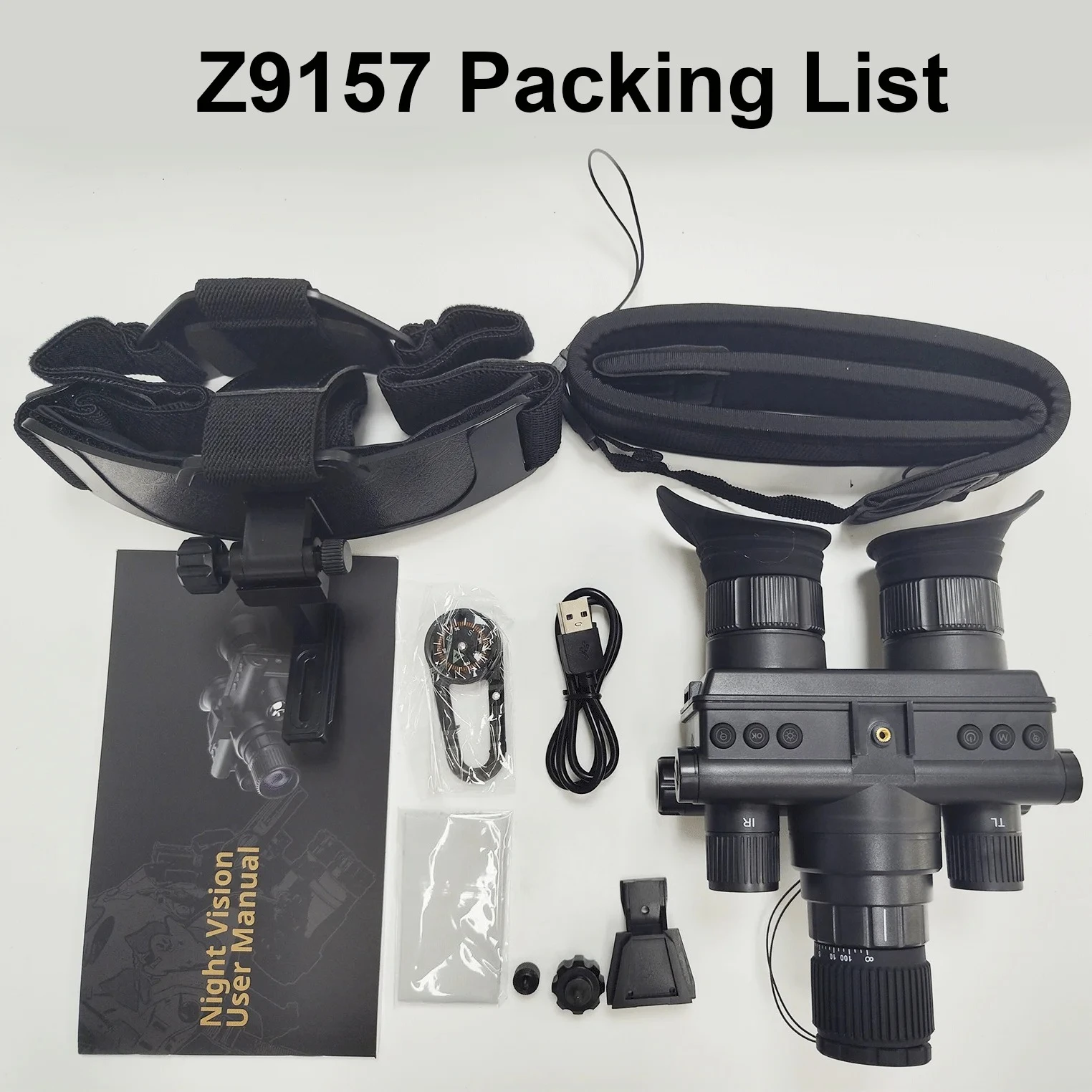 Z9157 Visión nocturna infrarroja monocular binocular montada en la cabeza con luz táctica, telescopio de pantalla de ultra alta definición TFT 5x