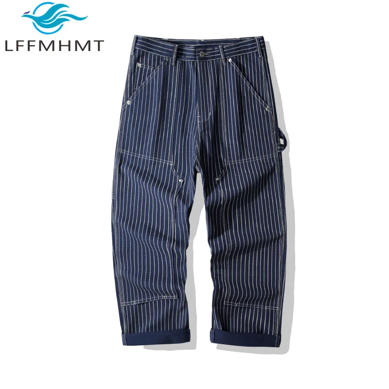 

OKONKWO B01 Полосатые холщовые повседневные рабочие брюки полной длины, прочная повседневная одежда, модные уличные брюки для мужчин