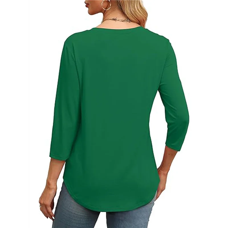 

3/4 Length Sleeve Womens Tops Round Neck Casual Tunic Tops Basic Pleated Shirts Loose Fit 2025