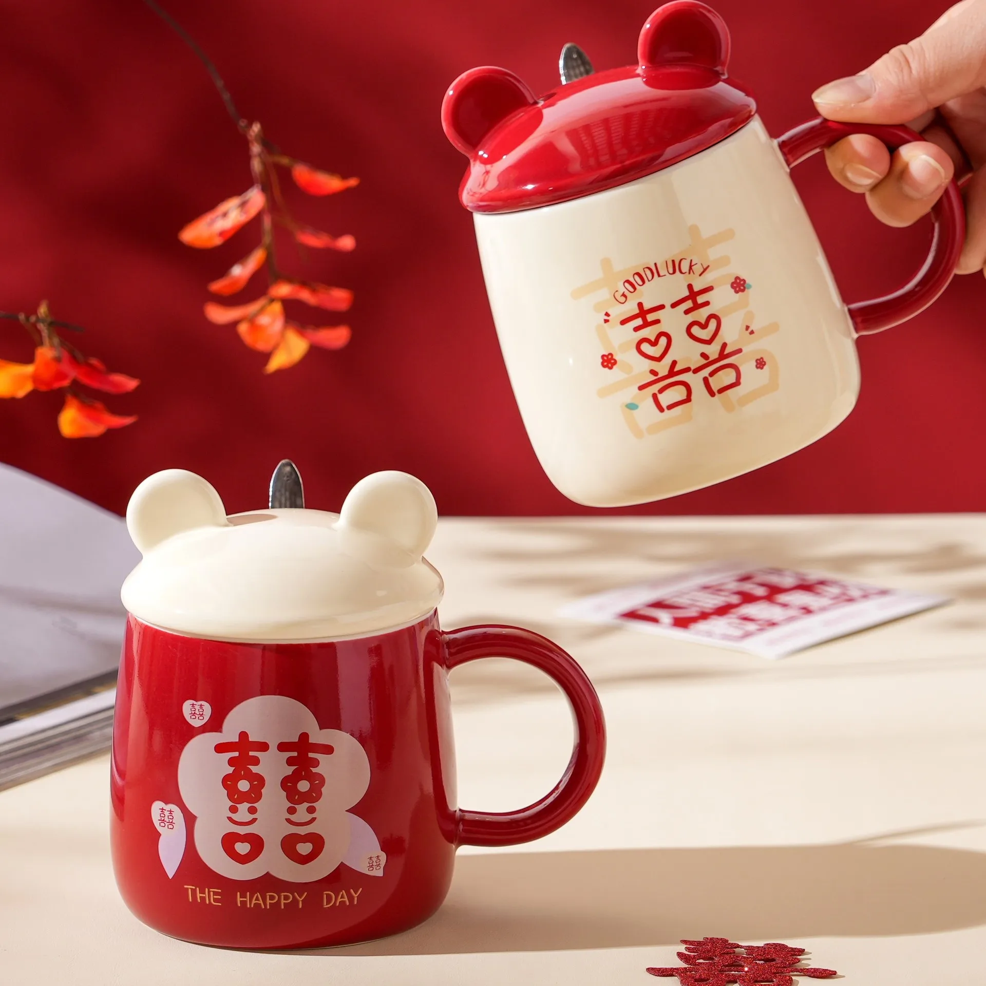 

Chinese Characters Double Happiness Ceramic Mug with Lid Spoon Large-capacity Home Office Drinking Cup Milk Coffee Cup Mugs