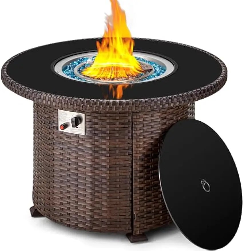 38.1'' Round Propane Fire Pit Table, Outdoor Gas Fire Pit Table 50,000 BTU CSA Certified Patio Wicker Fire Table