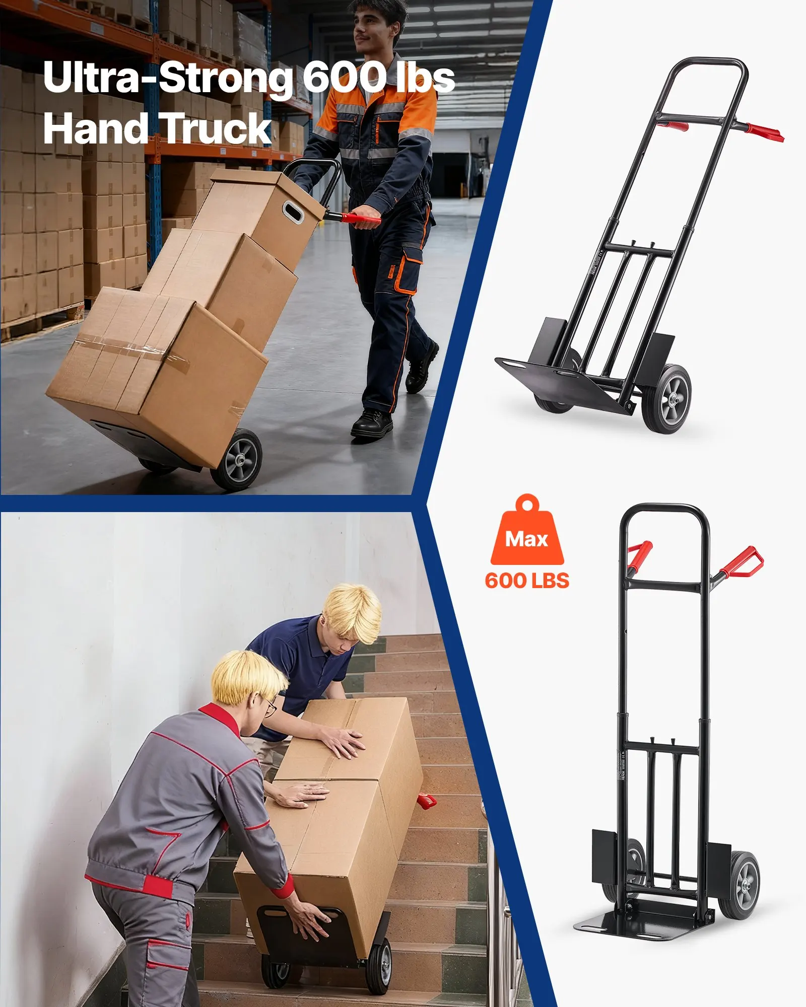 Chariot à main, capacité de charge de 272 kg, chariot à main robuste avec roues et poignée télescopique, chariot portable avec sangle de fixation pour déménager la maison, le bureau, l'entrepôt, le supermarché