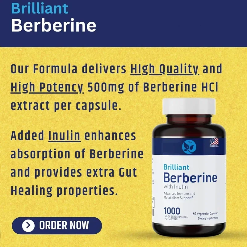 Berberine Hcl 1000mg Supplement Complex Contains Inulin and 500mg Aspartic Acid. Magnesium Stearate Free Herbal Supplement