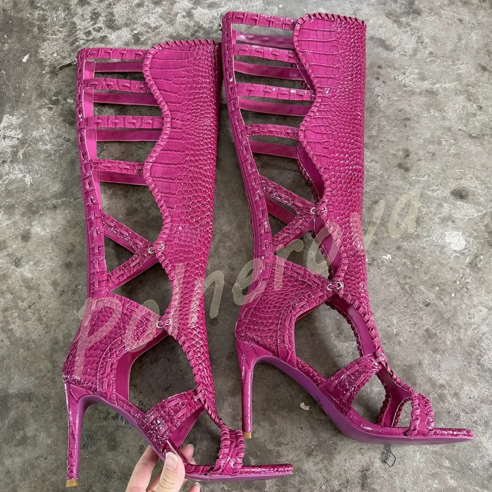 Women Croc-Pattern Cutout Sandal Boots Open Toe Stiletto Gladiator Knee High Boots Back Zipper Hollow Out Snake Skin Party Boots
