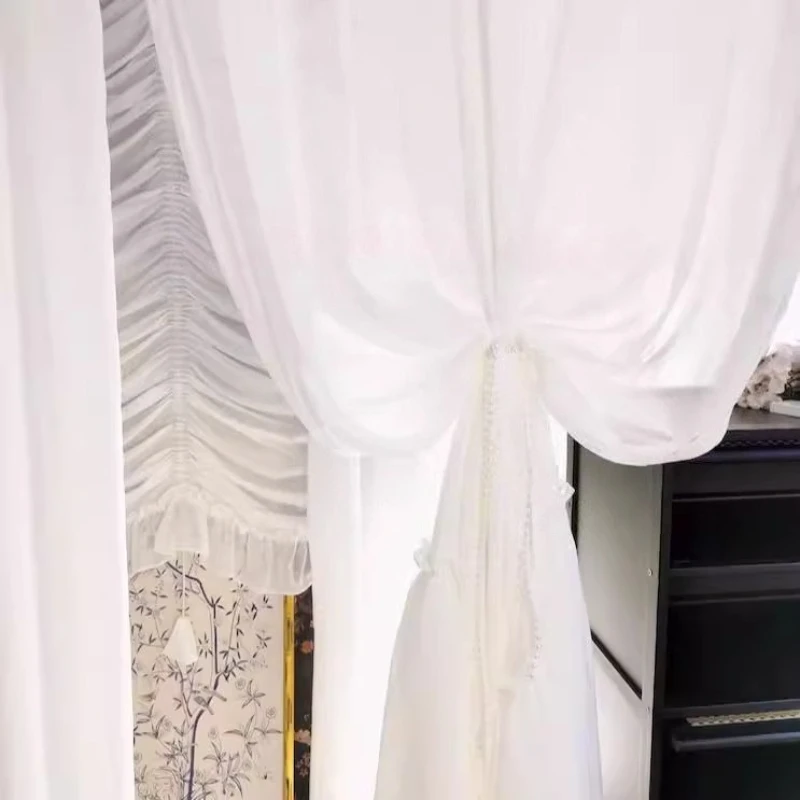 Custom Size French Quality Simple and Slightly Transparent American White Tulle Curtains for Living Dining Room Bedroom