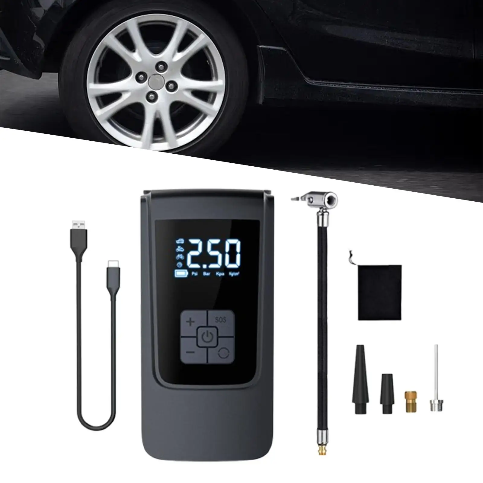 Portable Car Tire Inflator Cordless Air Pump for Motorbike, Balloon with 4 Valve Adaptors Versatile Bicycle Pump Digital Display