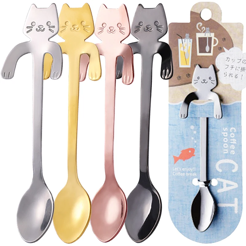 Cute Cartoon Cat Spoon Stainless Steel Coffee Spoons Long Handle Teaspoons Ice Cream Dessert Scoops Kitchen Tableware Gadgets