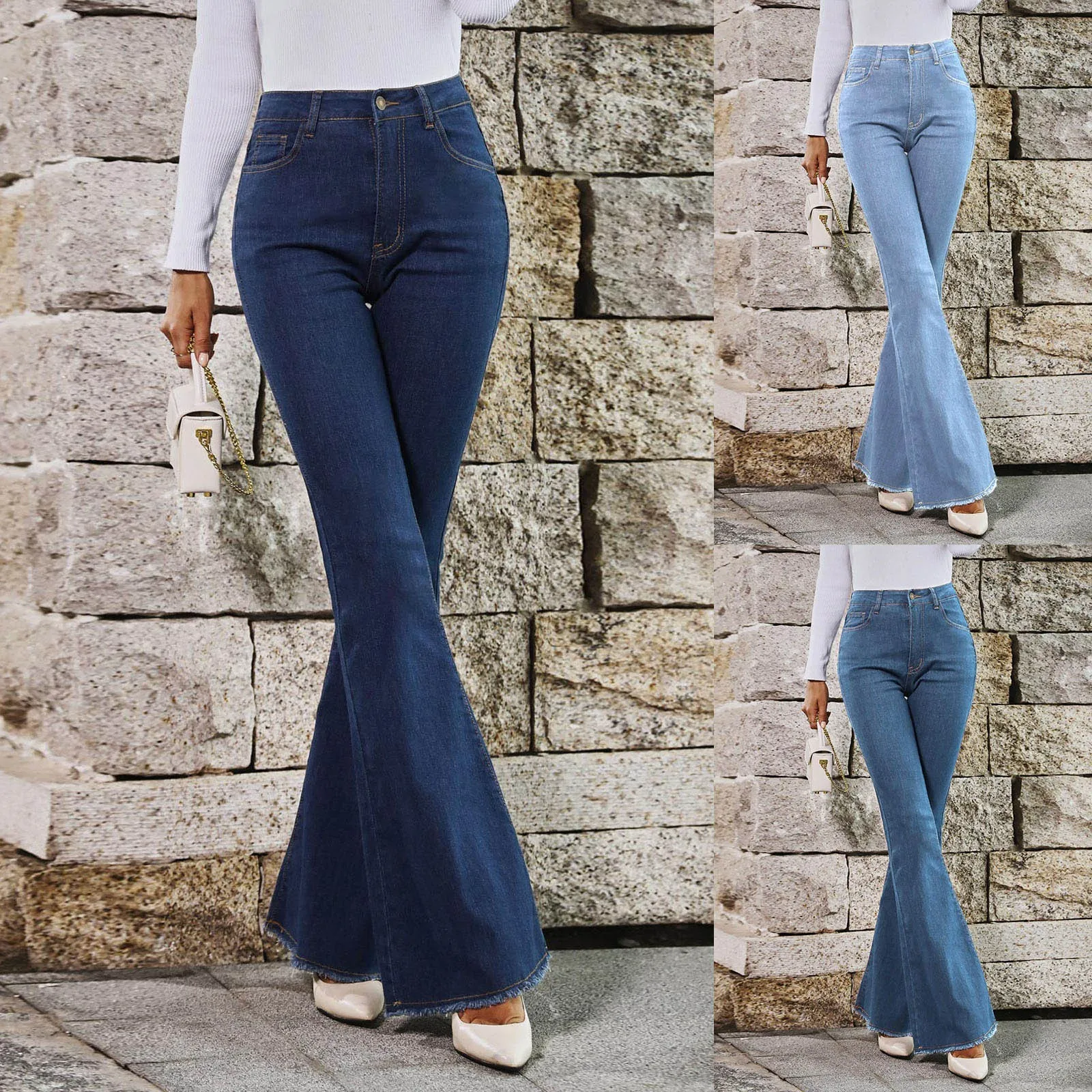 

High Waist Spring And Autumn New Wide Leg Elastic Slim Stitching Denim Flared Pants For Women Solid Casual Baggy Sweatpants
