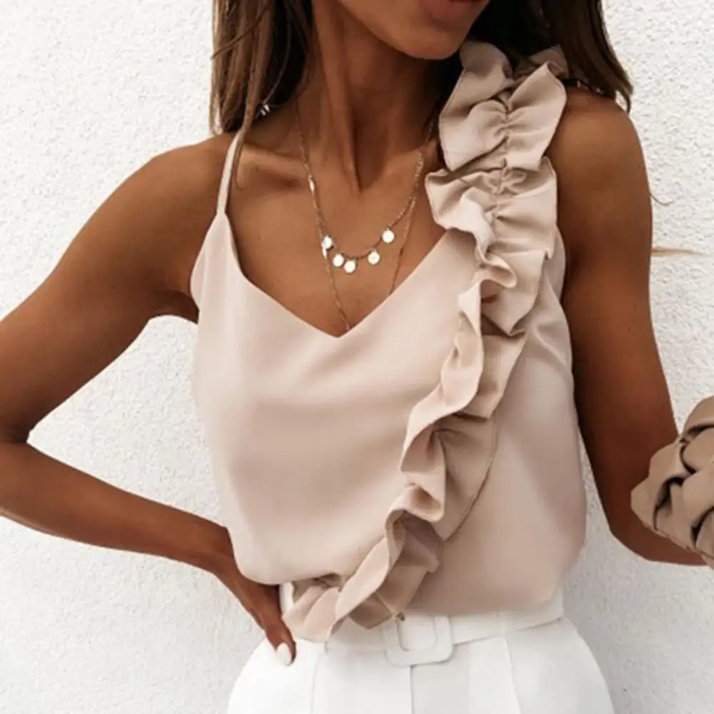 

Summer Sexy Sling Tops V-neck Sleeveless Tops Backless Tank Top Solid Color Ruffled Splicing Asymmetric Shoulder Straps Camisole