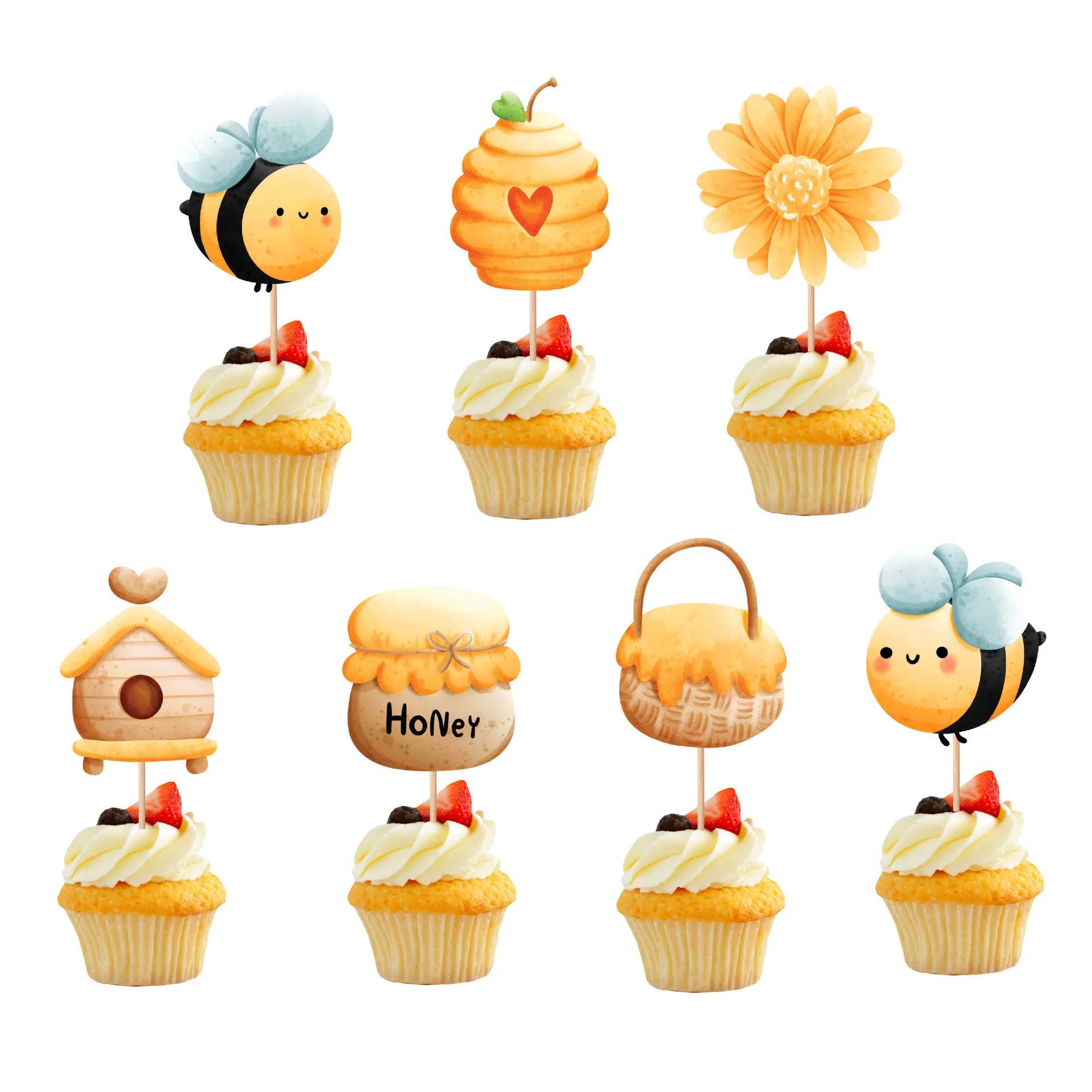 Bee Theme Cake Decoration, Honeycomb Cake Insert, Kid's Birthday Honey Bee Cake Toppers,Bee Happy Birthday Cake Inserts,7pcs