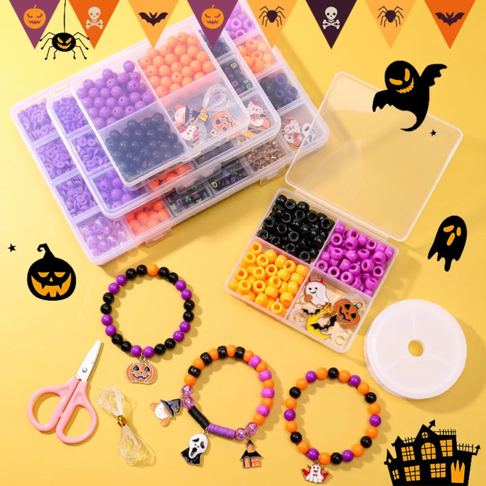 Conjunto de fabricação de pulseira de amizade acrílica, contas espaçadoras, 24 caixas de grade, contas de halloween, kit de fabricação de pulseira, letras de desenho animado