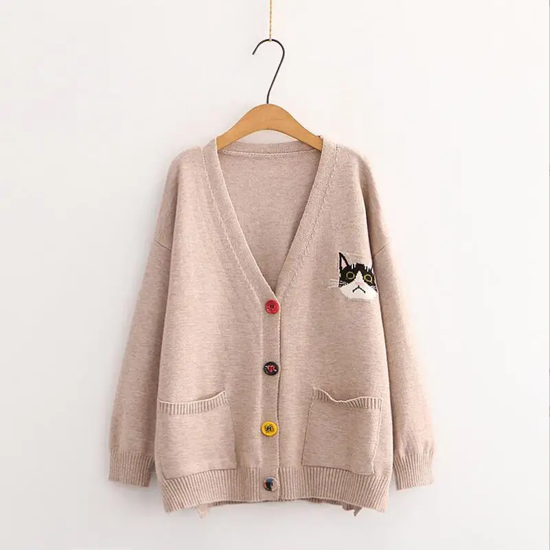 Women Cardigans Cartoon Cat Embroidery Casual Knitted Sweater Winter Long Sleeve V-neck Multicolor Button Preppy Style Top w399