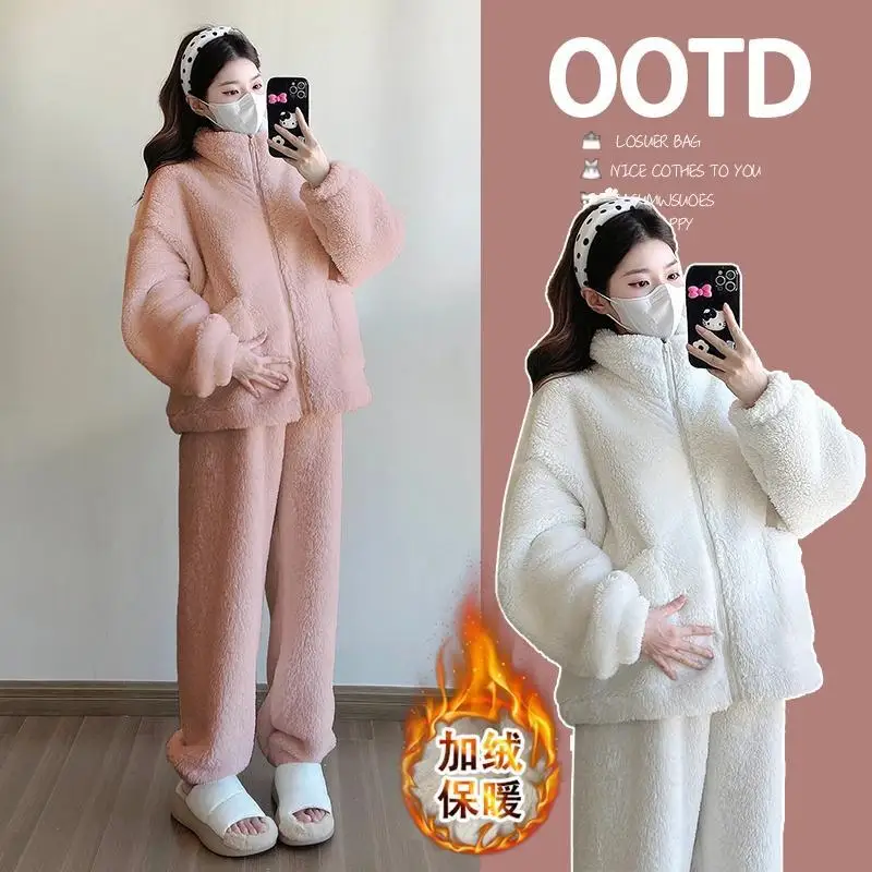 マタニティ服-冬の新しいサーマルスーツ-カジュアル-ベルベット-厚みのあるツーピース-ラウンジウェア-産後着用可能