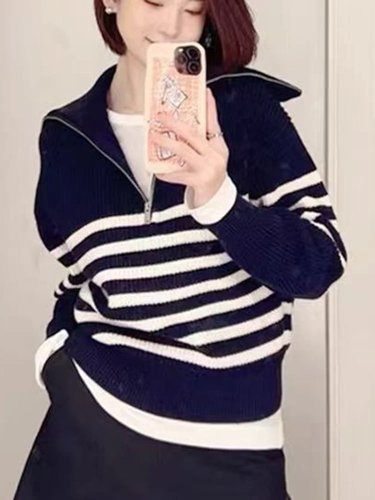 Nova moda listrado pullovers de malha blusas femininas outono inverno manga longa outwear elegante senhora do escritório roupas de inverno