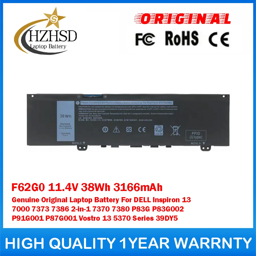 F62G0 11.4V 38Wh 3166mAh Genuine Original Laptop Battery For DELL Inspiron 13 7000 7373 7386 2-in-1 7370/80 P83G P83G002 P91G001